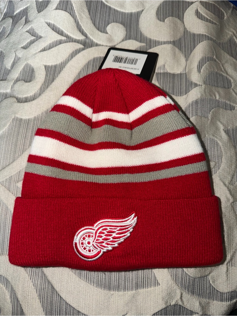 Red Wings Knit Beanie Hat with White & Gray Stripes